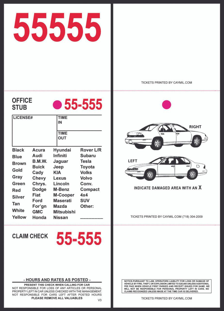 Caymil Ticket Company 3-Part Valet Ticket 3 x 8-1/2 (Various Colors) 