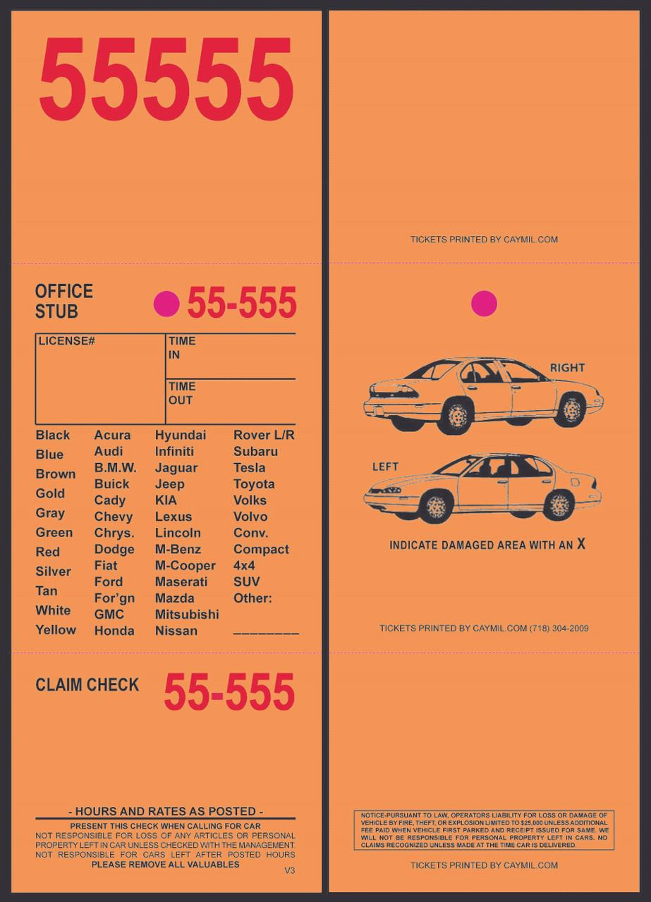 Caymil Ticket Company 3-Part Valet Ticket 3 x 8-1/2 (Various Colors) 