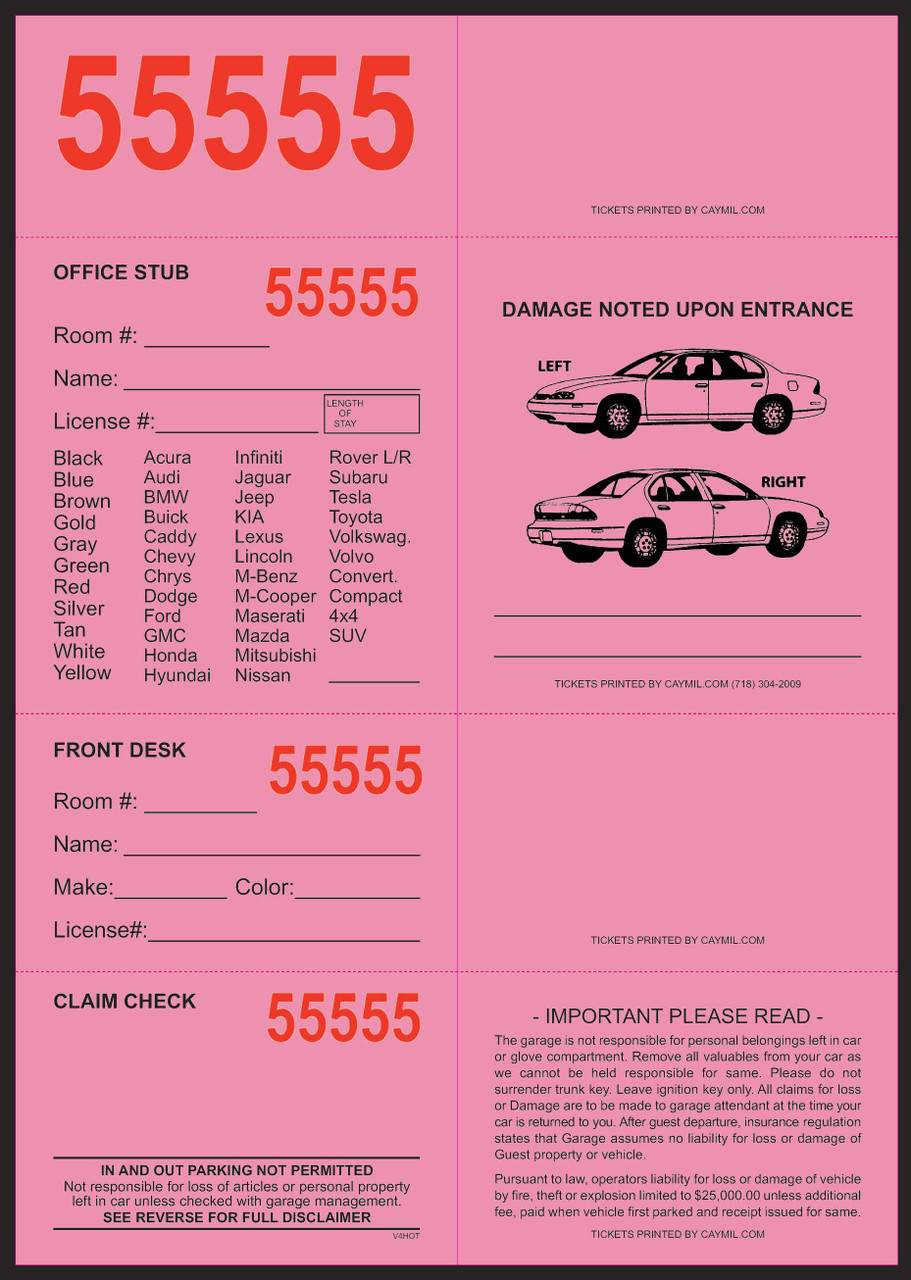 4-Part Valet "Hotel" Ticket 3-1/4 x 8-1/2