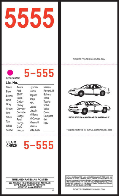 Caymil Ticket Company 3-Part Valet Ticket 2-1/2 x 8-1/2  (Various Colors) 