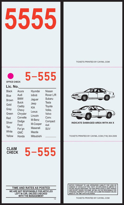 Caymil Ticket Company 3-Part Valet Ticket 2-1/2 x 8-1/2  (Various Colors) 