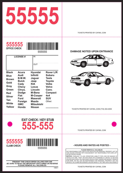 4-Part Valet BARCODED Parking Ticket 3 x 8-1/2