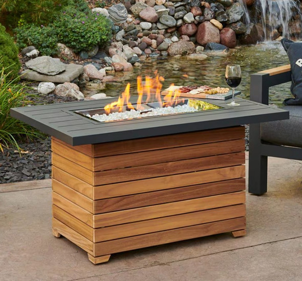 Darien 42 Inch Rectangular Teak Natural Gas Fire Pit Table in Gray by The Outdoor GreatRoom Company