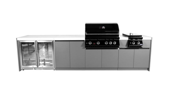 Whistler 4-Burner 133 x 28-Inch Gas Grill Island with Infrared Rear Burner, Refrigerator, Double Side Burner, and Rotisserie Kit - Black Stainless