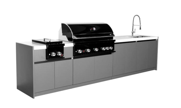 Whistler 5-Burner 135 x 28-Inch Gas Grill Island with Infrared Rear Burner, Sink, Double Side Burner, and Rotisserie Kit - Black Stainless
