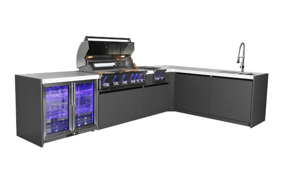 Whistler 5-Burner 140 x 92-Inch Gas Grill Island with 90-Degree Corner, Infrared Rear Burner, Refrigerator, Sink, Double Side Burner, and Rotisserie Kit