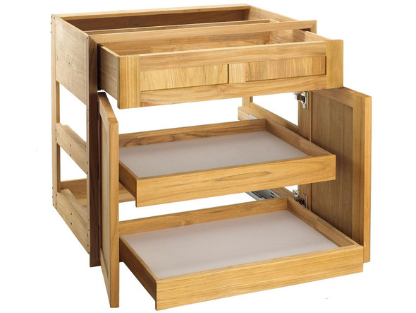 Pacific Teak Millworks 30-Inch Shaker Panel Teak Wood Drawer/2-Door Combo with 2 Rollout Trays - C12T-30S