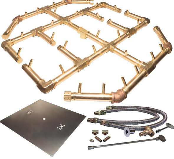 Warming Trends 42-Inch Square Propane Fire Pit Burner Kit W/ 29.5 X 27.5-Inch Octagonal CROSSFIRE Brass Burner - Match Light Ignition - CFBO360LPALPL42SFK2