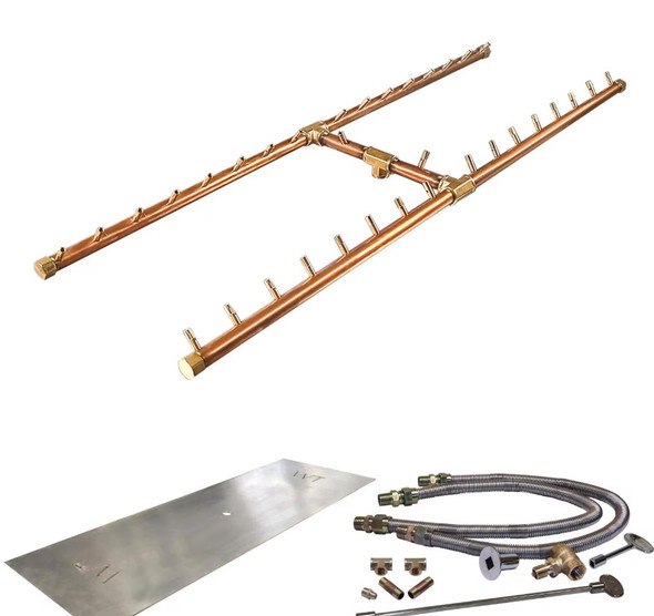 Warming Trends 62 X 25-Inch Linear Natural Gas Fire Pit Burner Kit W/ 48 X 14-Inch H-Style CROSSFIRE Brass Burner - Match Light Ignition - CFBH340NGALPL6225FK2