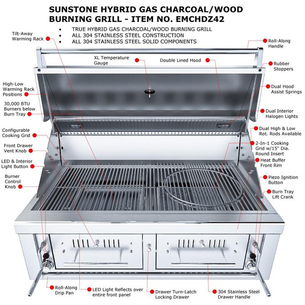 Sunstone Series 42-Inch Hybrid Dual Zone Charcoal/Wood Burning Grill