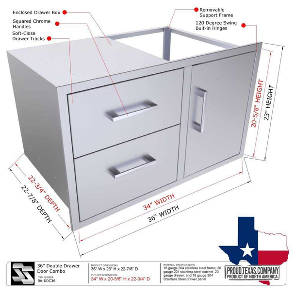 Sunstone Signature Series 36-Inch Stainless Steel Beveled Frame Double Access Drawer and Door Combo