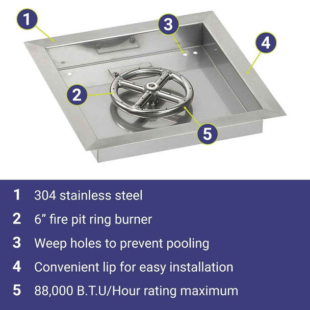 American Fire Products 12" Stainless Steel Square Drop In Pan With 6" Fire Ring -  SS-SQP-12-ASBL
