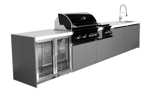 Whistler 4-Burner 164 x 28-Inch Gas Grill Island with Infrared Rear Burner, Refrigerator, Sink, Double Side Burner, and Rotisserie Kit - Black Stainless