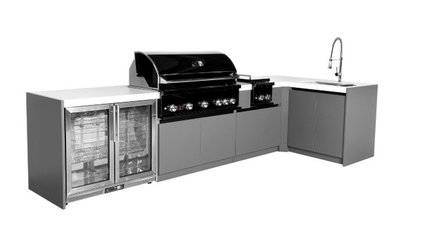 Whistler 5-Burner 140 x 61-Inch Gas Grill Island with 90-Degree Corner, Infrared Rear Burner, Refrigerator, Sink, Double Side Burner, and Rotisserie Kit - Black Stainless