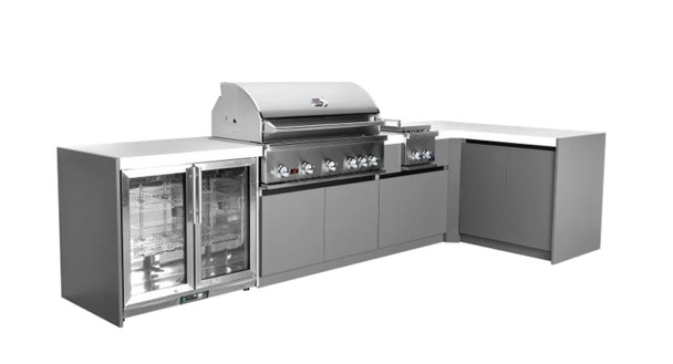 Whistler 5-Burner 140 x 61-Inch Gas Grill Island with 90-Degree Corner, Infrared Rear Burner, Refrigerator, Double Side Burner, and Rotisserie Kit