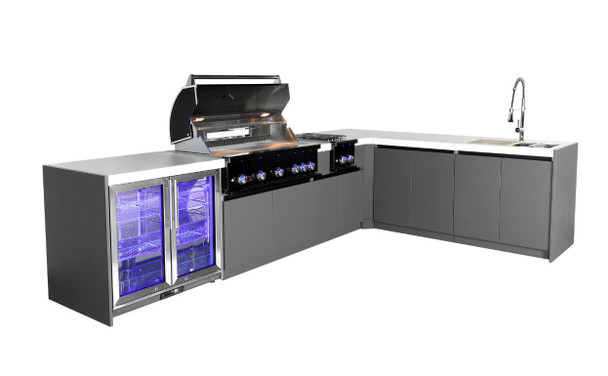 Whistler 5-Burner 140 x 92-Inch Gas Grill Island with 90-Degree Corner, Infrared Rear Burner, Refrigerator, Sink, Double Side Burner, and Rotisserie Kit - Black Stainless