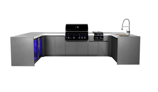 Whistler 4-Burner 155 x 67-Inch Gas Grill Island with Two 90-Degree Corners, Infrared Rear Burner, Refrigerator, Sink, Double Side Burner, and Rotisserie Kit - Black Stainless