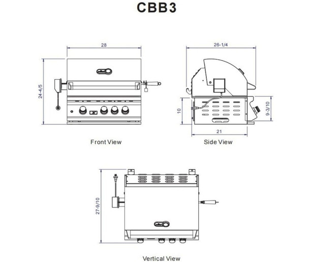 Whistler 28-Inch 3-Burner Built-In Gas Grill With Rear Infrared Burner, Grill Lights, Rotisserie Kit & Cover