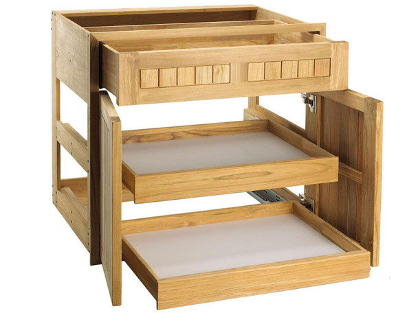 Pacific Teak Millworks 30-Inch Cottage Panel Teak Wood Drawer/2-Door Combo with 2 Rollout Trays - C12T-30C