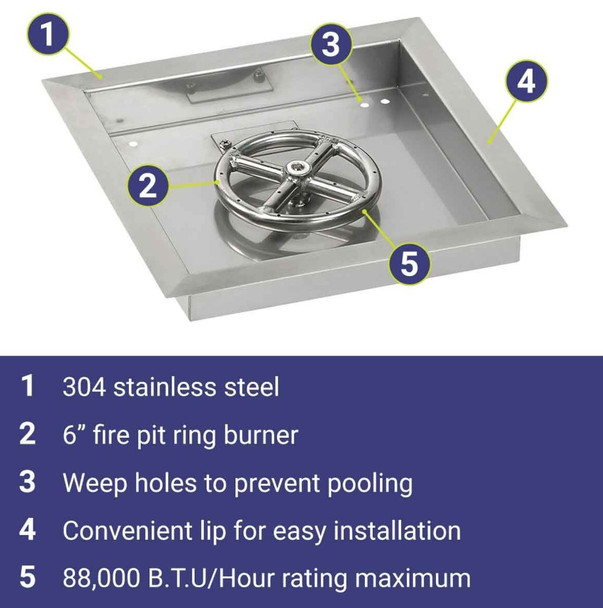 American Fire Products 18" Stainless Steel Square Drop In Pan With 12" Fire Ring - SS-SQP-18-ASBL