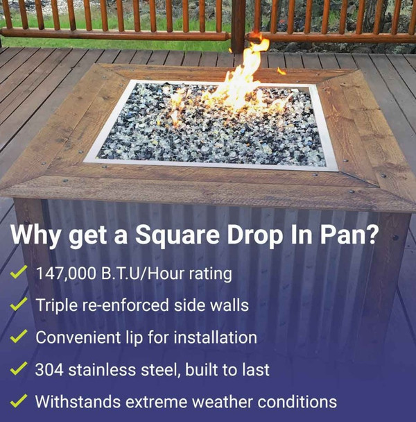American Fire Products 24" Stainless Steel Square Drop In Pan With 18" Fire Ring - SS-SQP-24-ASBL