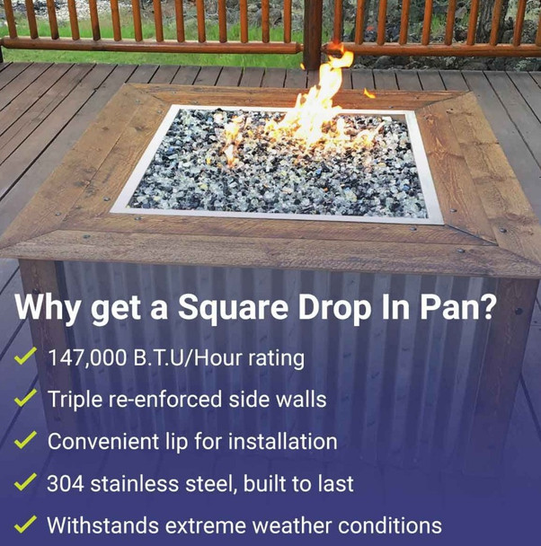 American Fire Products 36" Stainless Steel Square Drop In Pan With 18" Fire Ring - SS-SQP-36-ASBL