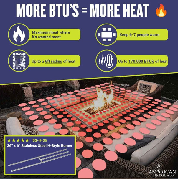 American Fire Products 36" x 6" Stainless Steel H-Style Burner - Natural Gas - SS-H-36