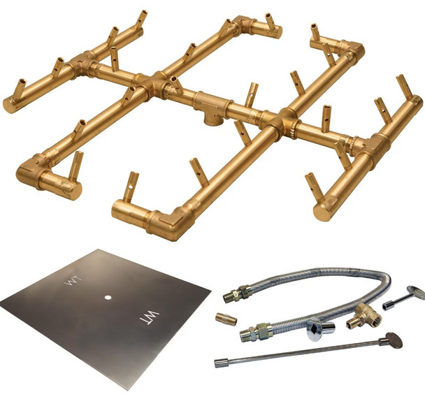 Warming Trends 30-Inch Square Natural Gas Fire Pit Burner Kit W/ 19.5 X 21.5-Inch Original CROSSFIRE Brass Burner - Match Light Ignition - CFB240NGALPL30SFK1