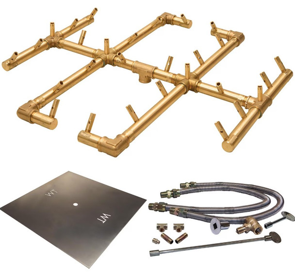 Warming Trends 36-Inch Square Propane Fire Pit Burner Kit W/ 21.5-Inch Original CROSSFIRE Brass Burner - Match Light Ignition - CFB290LPALPL36SFK2