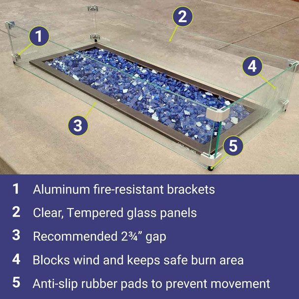 American Fire Products Rectangular Glass Flame Guard for 36" x 12" Drop-In Fire Pit Pan - FG-AFPP-36