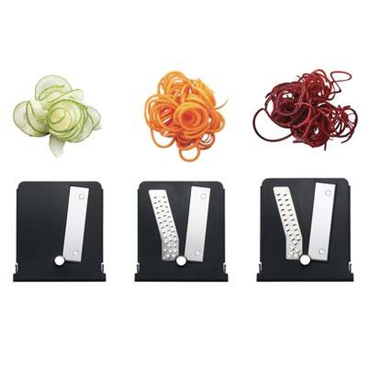 Three interchangeable blades to create ribbons and noodle cuts