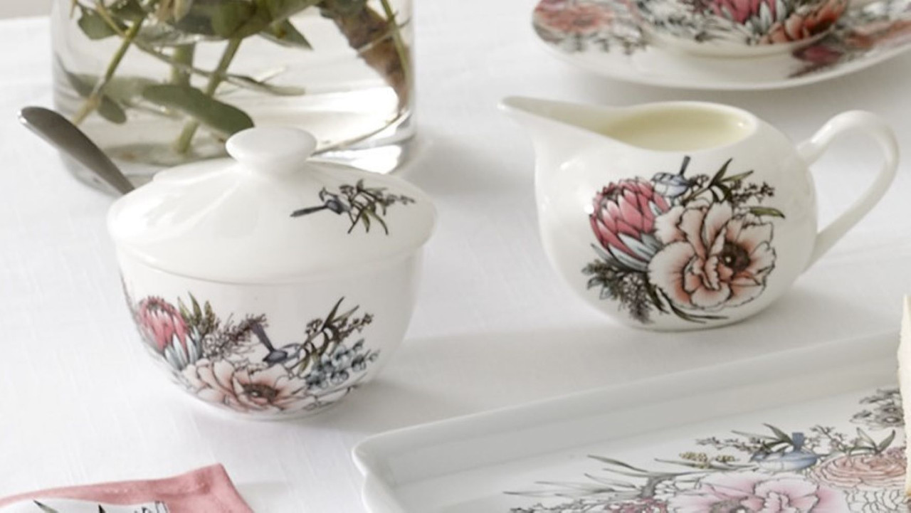 Floral sugar bowl and creamer jug 