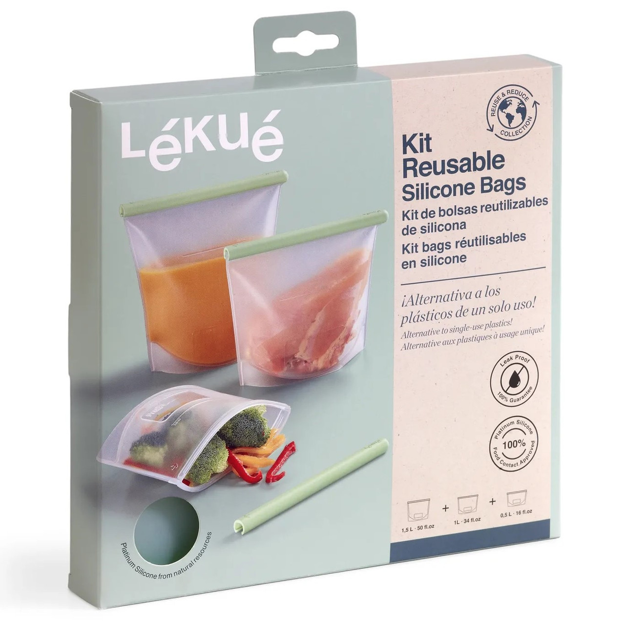 Lékué Reuse & Reduce Collection - Silicone Reusable Bag Set - 1.5L (6.35 c), 1L (4.25 c), 0.5L (2.15 c) (LK3400800SURU500)