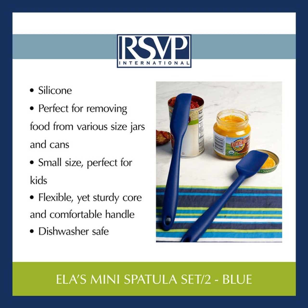 RSVP Ela's Silicone Collection - Mini Spoon Spatula Set - Blue Info