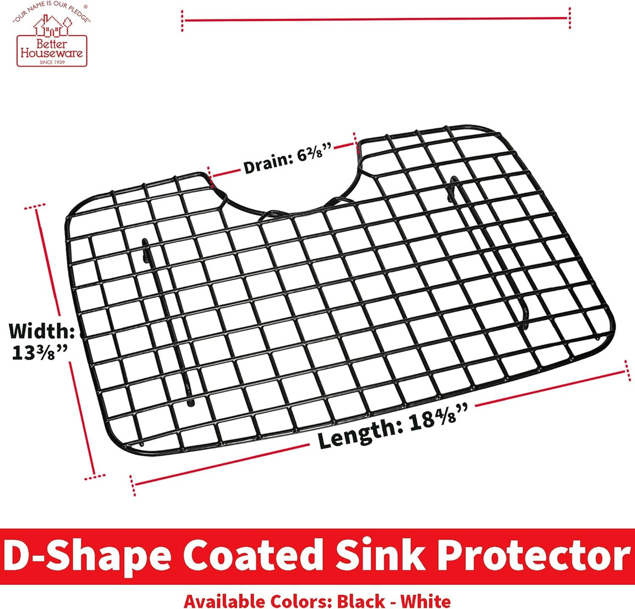 D-shaped Heavy-Gauge White Sink Protector Info and measurements. 