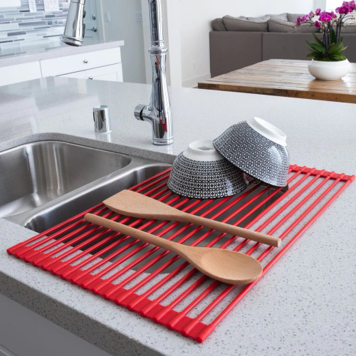 Add a pop of red to the kitchen while using the Over-The-Sink Roll-up Drying Rack 