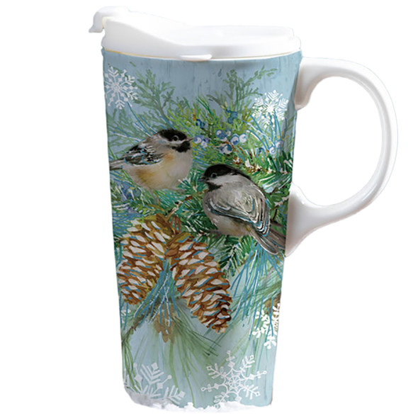 Evergreen Winter Frost Chickadees Ceramic Travel Cup w/ Lid