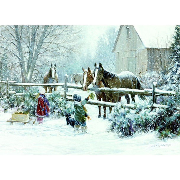 LPG Greetings Boy and Girl Feeding Horses Boxed Christmas Cards