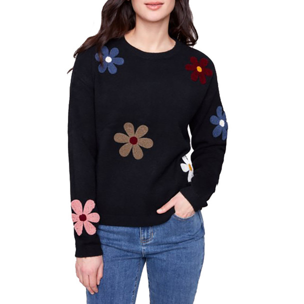 Charlie B Women's Plush Sweater with Boucle Flowers