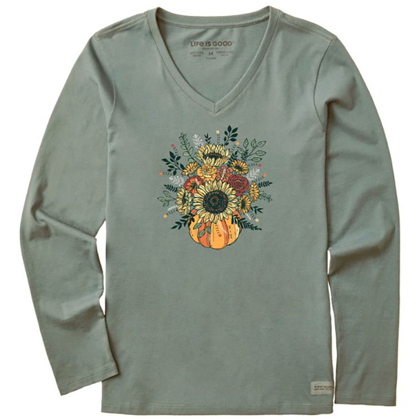 Life is Good Women's Fall Pumpkin Flowers Long Sleeve Crusher Vee