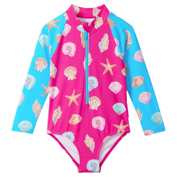 Hatley Girl's Sea Shells Long-Sleeve Rashguard Swimsuit, One-Piece