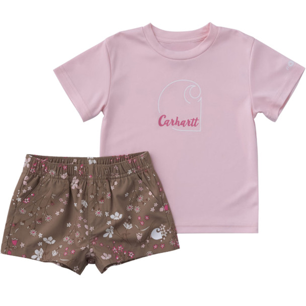 Carhartt Infant Girl's Short-Sleeve Force Sun Defender Shirt & Elastic Waistband Printed Short Set, 2-Piece