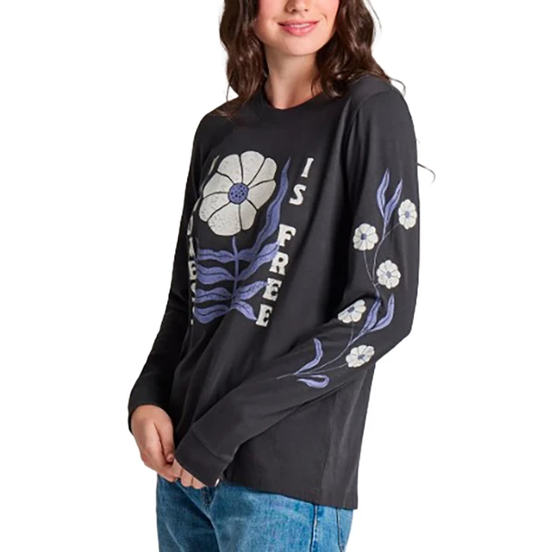 Women's Life is Good Kindness is Free Woodblock Flower Long Sleeve Crusher Tee