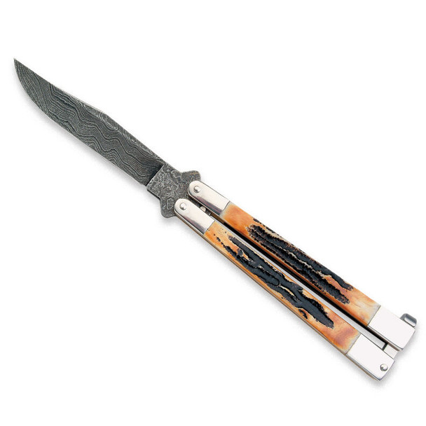 Bear & Son Genuine India Stag Bone Damascus Butterfly Pocket Knife