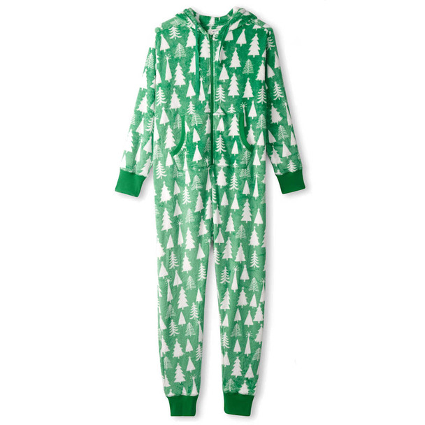 Hatley Little Blue House Women's Christmas Trees Hooded Fleece Jumpsuit