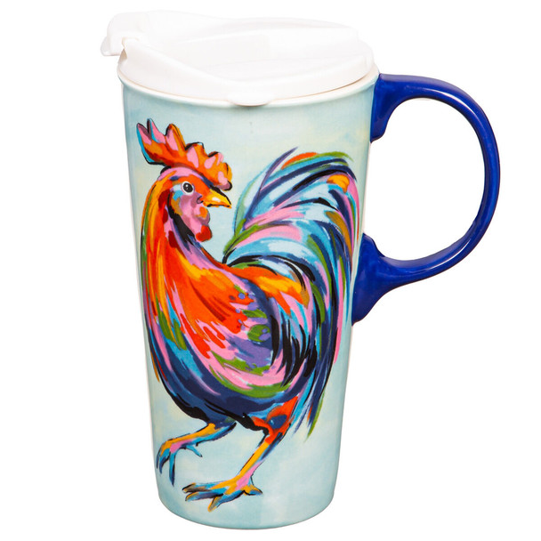Evergreen Colorful Rooster Ceramic Travel Cup w/ Lid