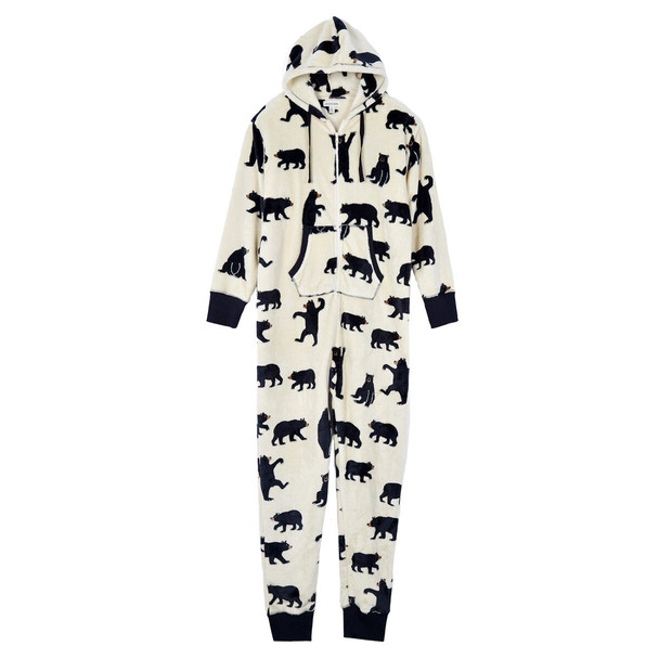 Hatley Little Blue House Women's Black Bears Hooded Fleece Jumpsuit