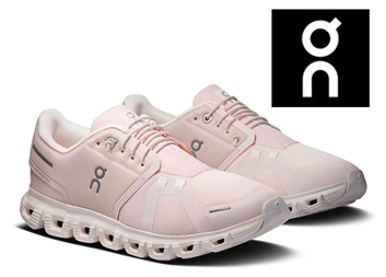 On Women's Cloud 6 Shoe in color Salt/Gardenia (light pink)