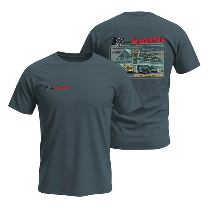 Vintage-inspired event tee showcasing the iconic Kittery Trading Post and classic New England roadside scene.
