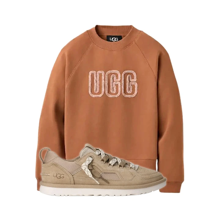 A product image of UGG sweatshirt and footwear